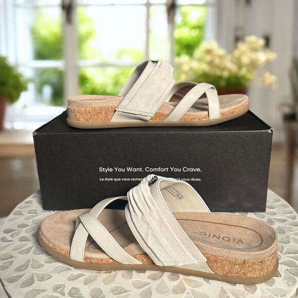 Vionic Landyn Leather Supportive Slide Sandals Cork Orthotic Comfort Women 8 NIB - Picture 9 of 14